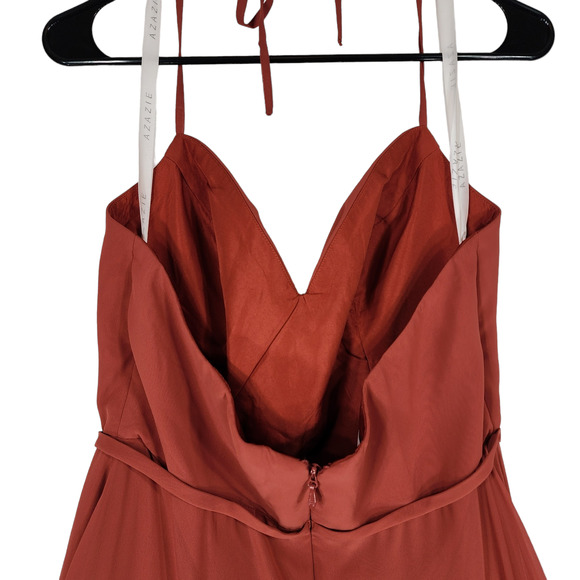 Azazie Halter Maxi Dress sz 10 Women Caramel Burnt Orange Front Slit Ruffle READ - Picture 6 of 12